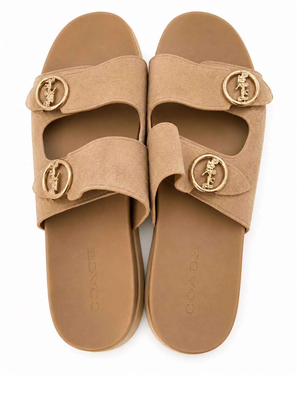 COACH Tan Suede Double Buckle Slide Sandals